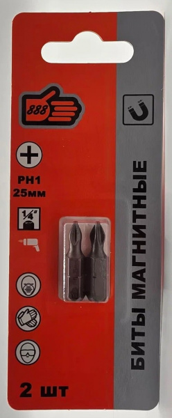 Биты магнитные, нескользящий наконечник PH1*25mm (уп 2шт) "888" (6410221) (10/500) 
